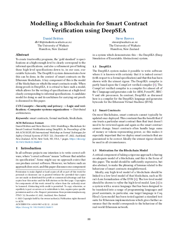 (PDF) Modelling a Blockchain for Smart Contract Verification using DeepSEA