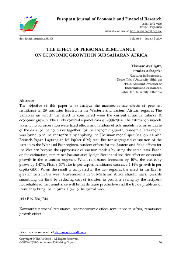 (PDF) The Effect of Personal Remittance on Economic Growth in Sub ...