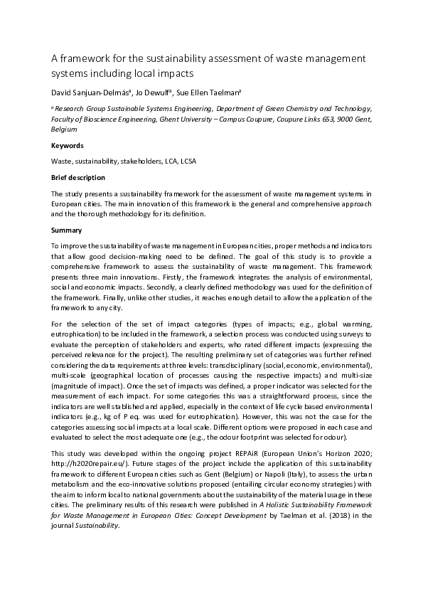 (PDF) A framework for the sustainability assessment of waste management ...