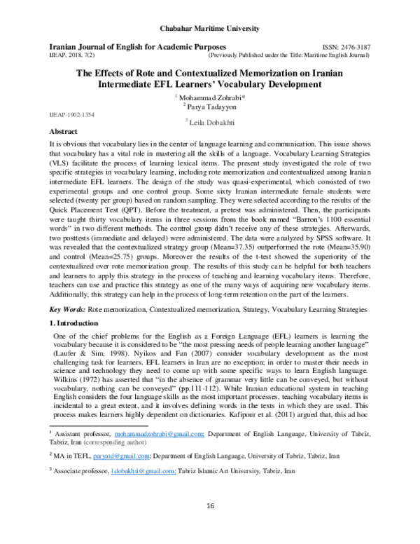(PDF) The Effects of Rote and Contextualized Memorization on Iranian ...