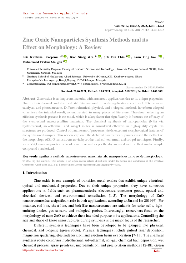 (PDF) Zinc Oxide Nanoparticles Synthesis Methods and its Effect on