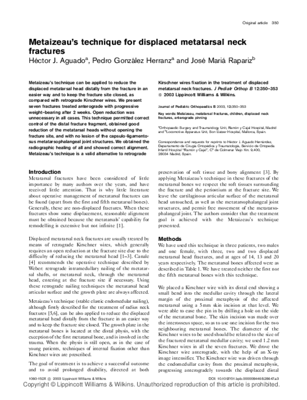 (PDF) Metaizeauʼs technique for displaced metatarsal neck fractures