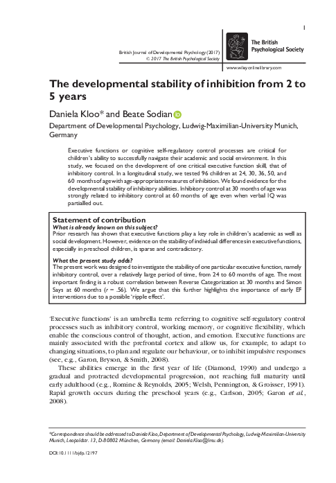 (PDF) The developmental stability of inhibition from 2 to 5 years