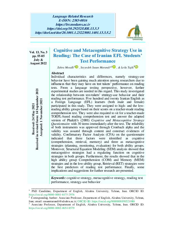 (PDF) Cognitive and Metacognitive Strategy Use in Reading: The Case of ...