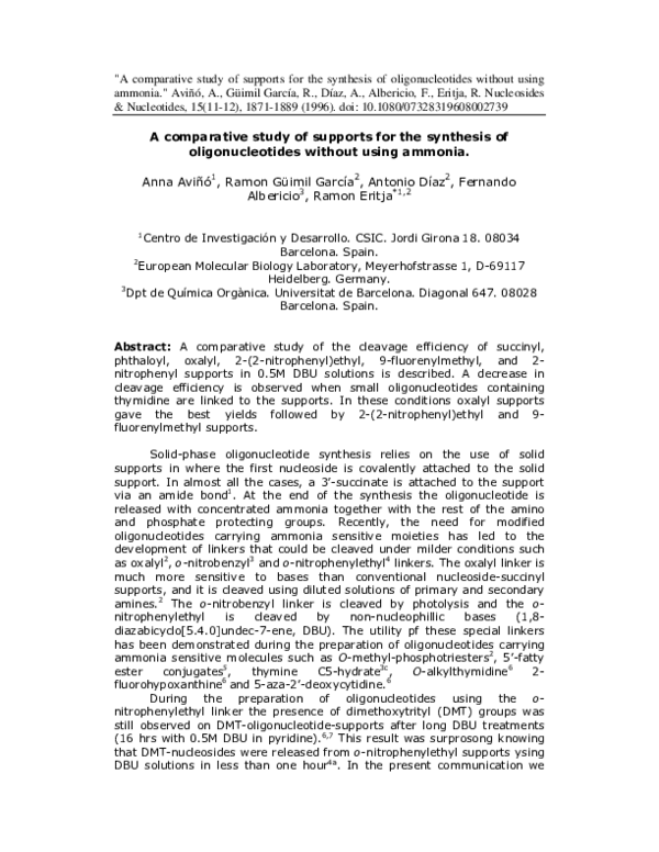 (PDF) A Comparative Study of Supports for the Synthesis of ...
