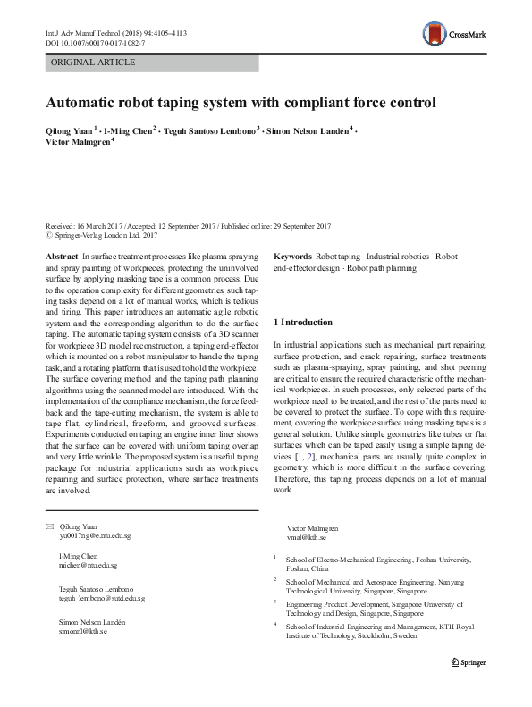 (PDF) Automatic robot taping system with compliant force control