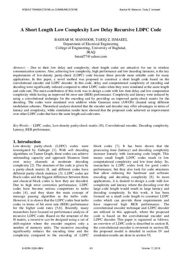 (PDF) A Short Length Low Complexity Low Delay Recursive LDPC Code