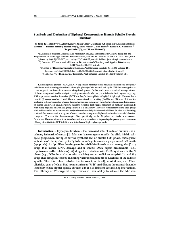 (PDF) Synthesis and Evaluation of Biphenyl Compounds as Kinesin Spindle ...