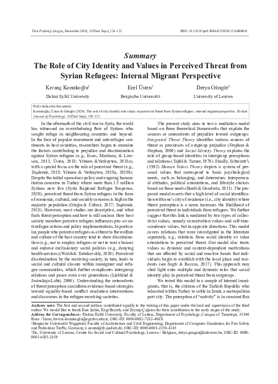 (PDF) The Role of City Identity and Values in Perceived Threat from ...