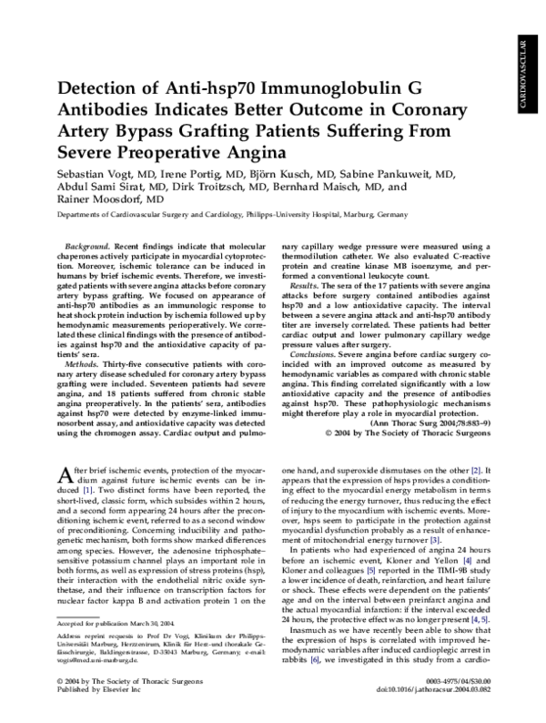 Detection of anti-hsp70 immunoglobulin G antibodies indicates better outcome in coronary artery bypass grafting patients suffering from severe preoperative angina