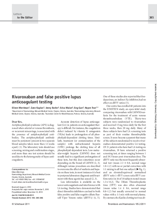  pdf rivaroxaban and false positive lupus anticoagulant testing