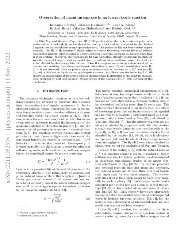 (PDF) Observation of quantum capture in an ion-molecule reaction
