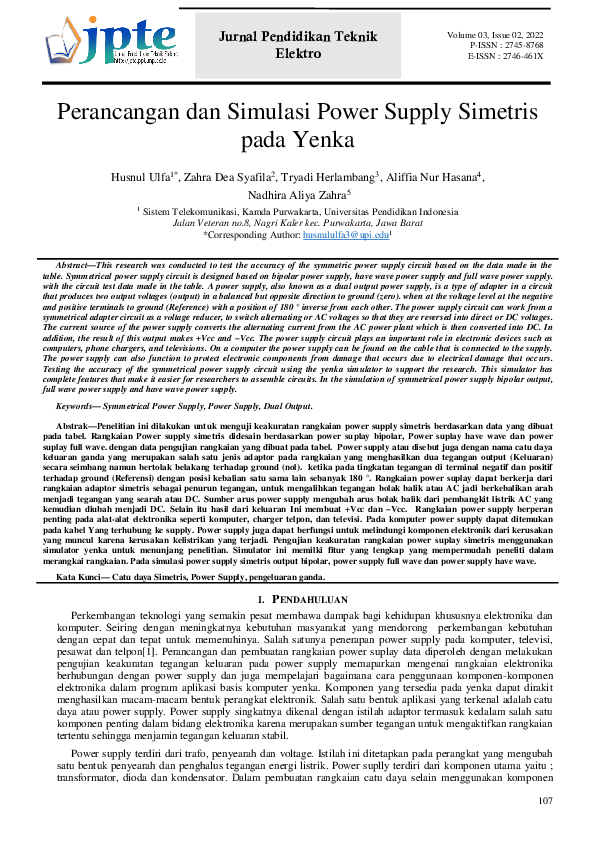 (PDF) Perancangan dan Simulasi Power Supply Simetris pada Yenka