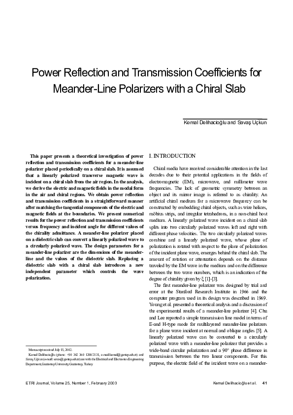 (PDF) Power Reflection and Transmission Coefficients for Meander-Line ...