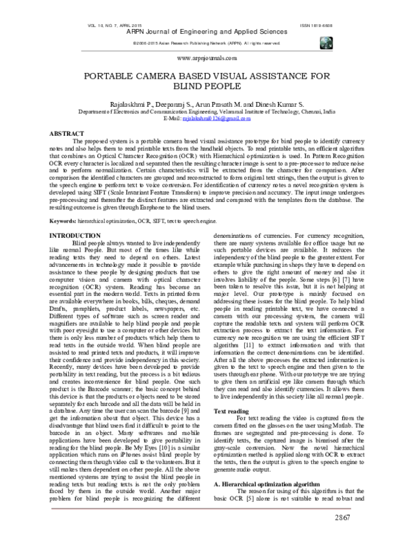 (PDF) Portable Camera Based Visual Assistance for Blind People