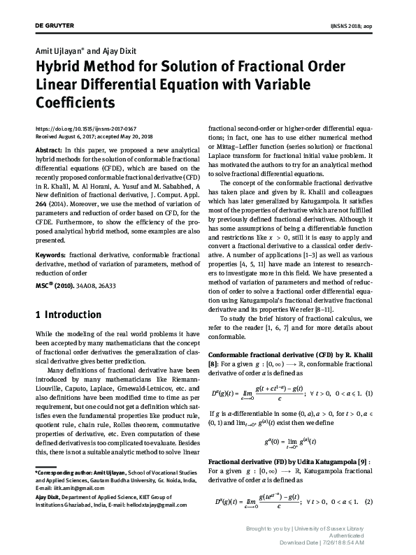 (PDF) Hybrid Method for Solution of Fractional Order Linear ...