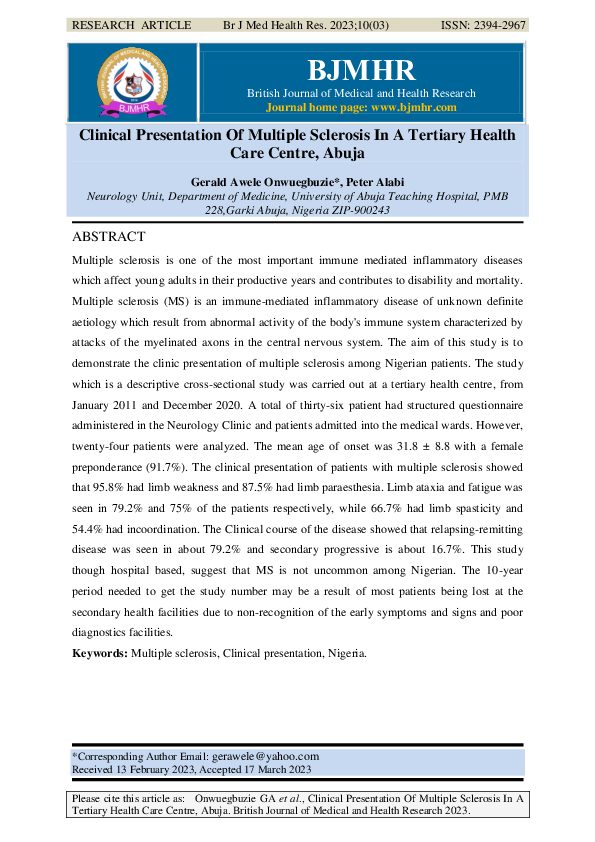 (PDF) Clinical Presentation Of Multiple Sclerosis In A Tertiary Health ...