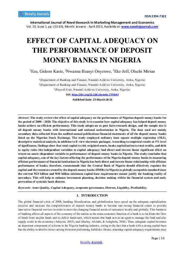 (PDF) EFFECT OF CAPITAL ADEQUACY ON THE PERFORMANCE OF DEPOSIT MONEY