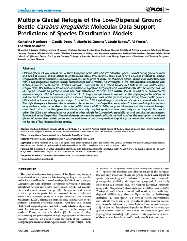 (PDF) Multiple Glacial Refugia of the Low-Dispersal Ground Beetle ...