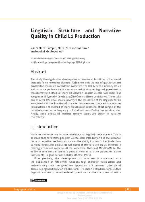 (PDF) Linguistic Structure and Narrative Quality in Child L1 Production