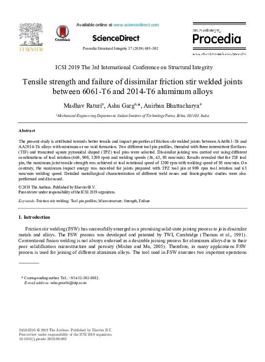(PDF) Tensile strength and failure of dissimilar friction stir welded ...