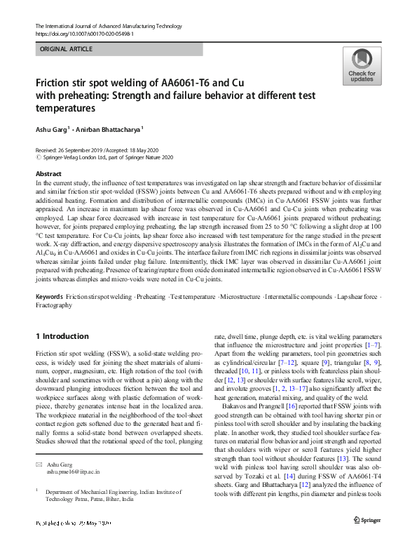 (PDF) Friction stir spot welding of AA6061-T6 and Cu with preheating ...