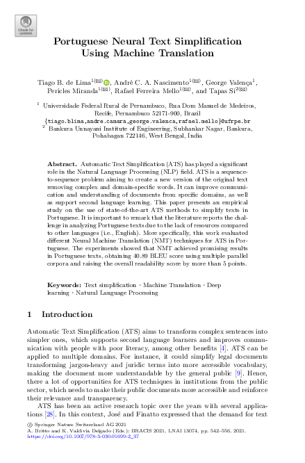 (PDF) Portuguese Neural Text Simplification Using Machine Translation