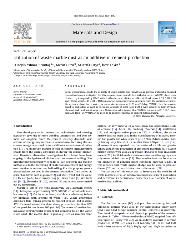 (PDF) Utilization of waste marble dust as an additive in cement