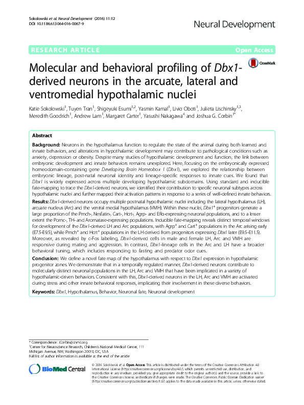 (PDF) Molecular and behavioral profiling of Dbx1-derived neurons in the ...