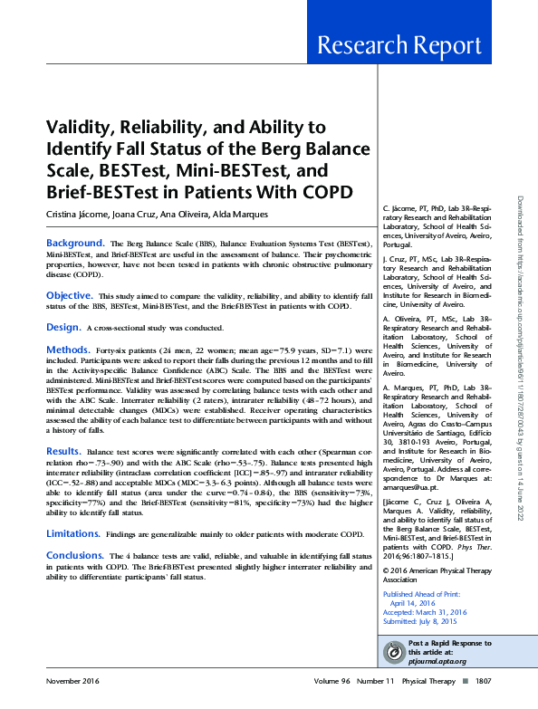 (PDF) Validity, Reliability, and Ability to Identify Fall Status of the
