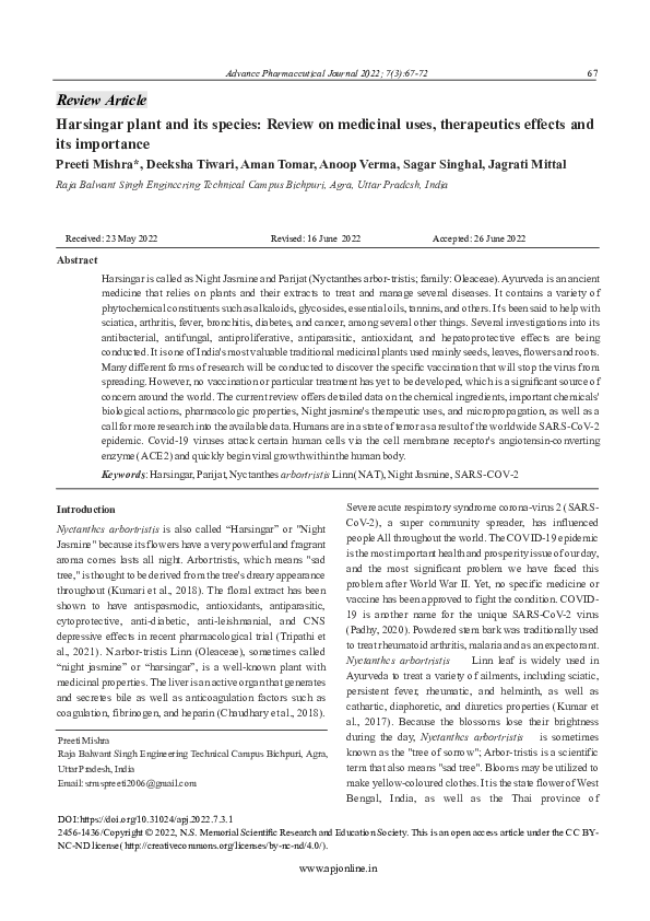 (PDF) Harsingar plant and its species Review on medicinal uses