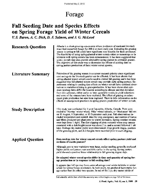 (PDF) Fall Seeding Date and Species Effects on Spring Forage Yield of ...