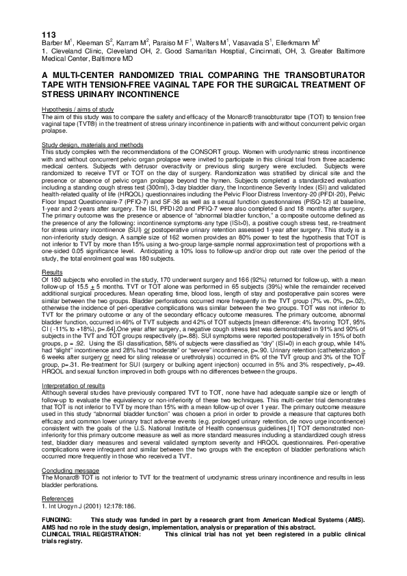 (PDF) A multi-center randomized trial comparing the transobturator tape ...