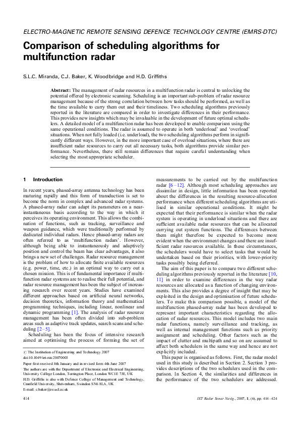 (PDF) Comparison of scheduling algorithms for multifunction radar
