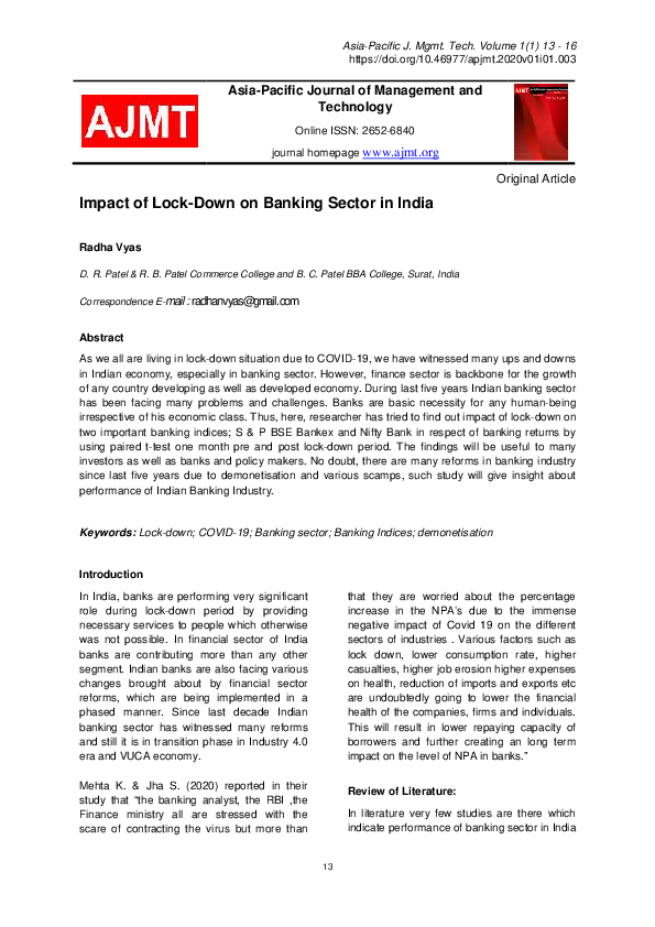 (PDF) Impact of Lock-Down on Banking Sector in India