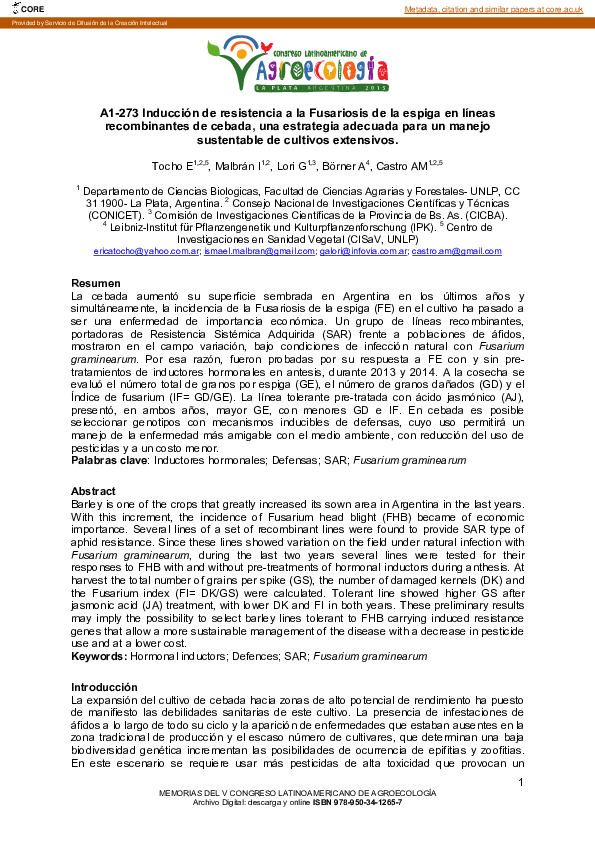 (PDF) Inducción de resistencia a la fusariosis de la espiga en líneas ...