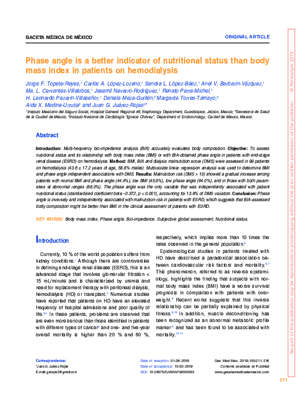 (PDF) The Phase Angle and Mass Body Cell as Markers of Nutritional