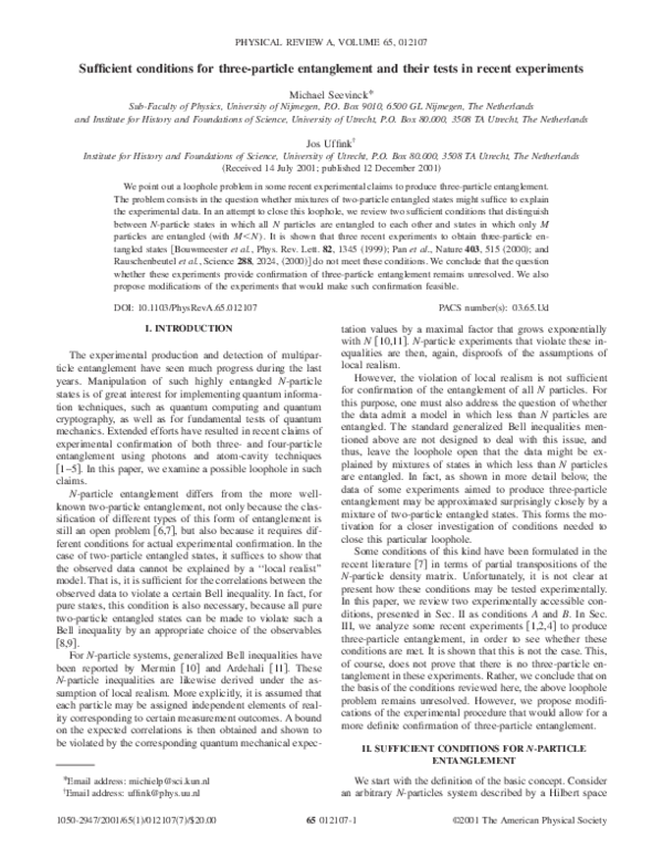 (PDF) Sufficient conditions for threeparticle entanglement and their