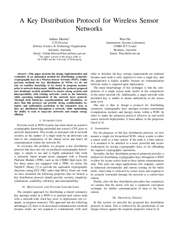 (PDF) A key distribution protocol for Wireless Sensor Networks