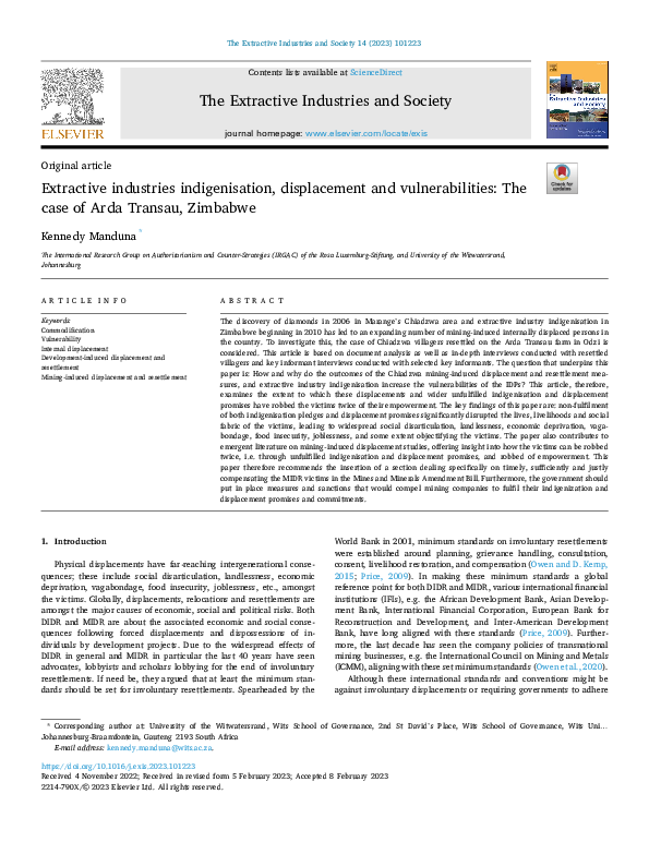 (PDF) Extractive industries indigenisation, displacement and ...
