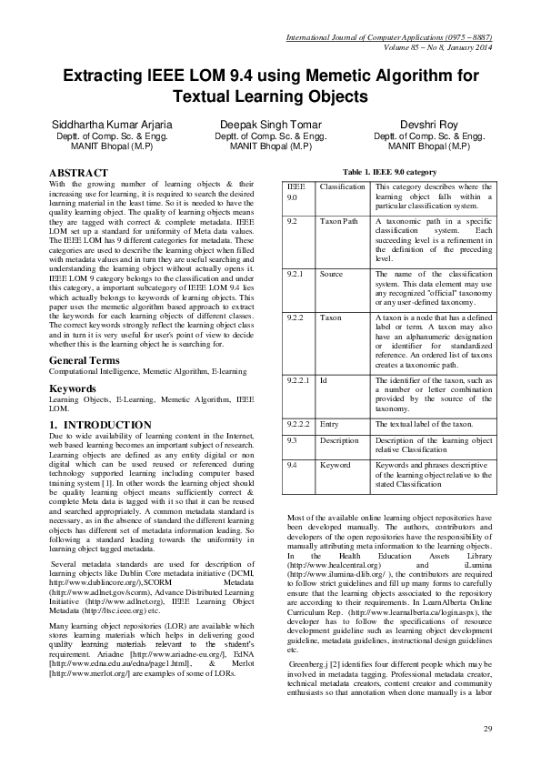 (PDF) Extracting IEEE LOM 9. 4 using Memetic Algorithm for Textual ...