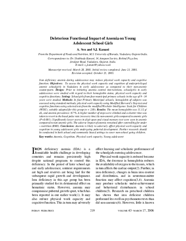 Deleterious functional impact of anemia on young adolescent school girls