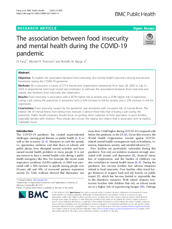 (PDF) The association between food insecurity and mental health during ...