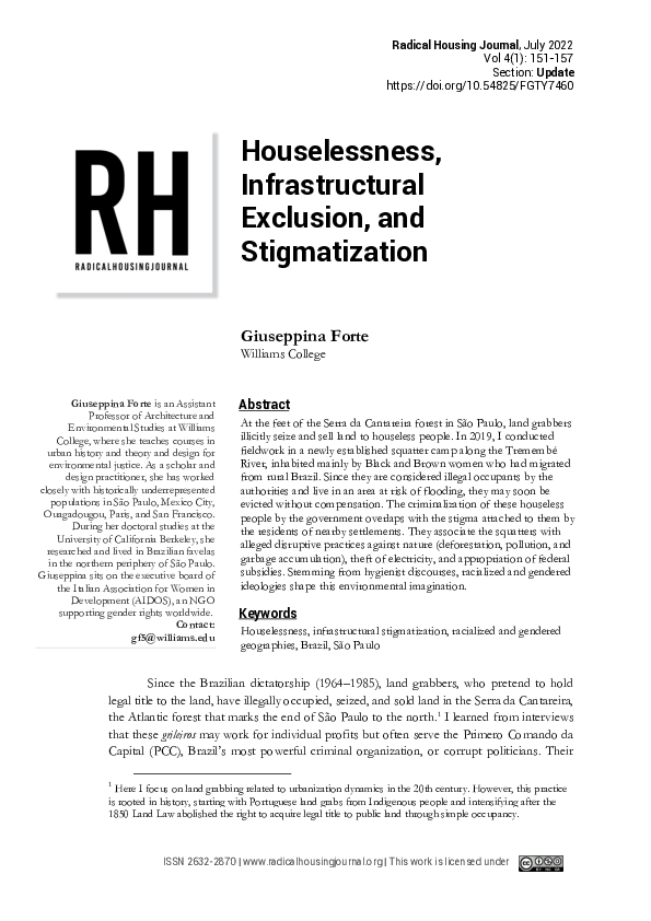 (PDF) Houselessness, Infrastructural Exclusion, and Stigmatization