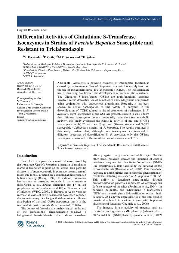 PDF) Differential Activities of Glutathione S-Transferase Isoenzymes in Strains of <i>Fasciola Hepatica</i> Susceptible and Resistant to Triclabendazole