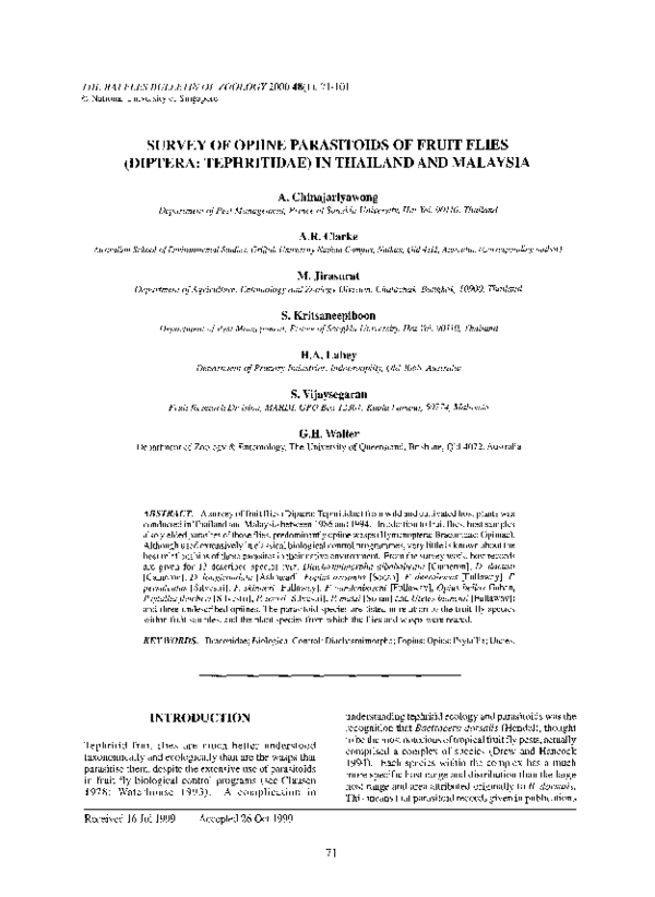 (PDF) Survey of opiine parasitoids of fruit flies (Diptera: Tephritidae ...