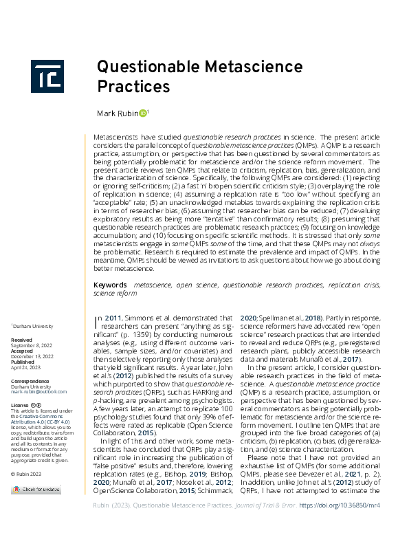 (PDF) Questionable Metascience Practices