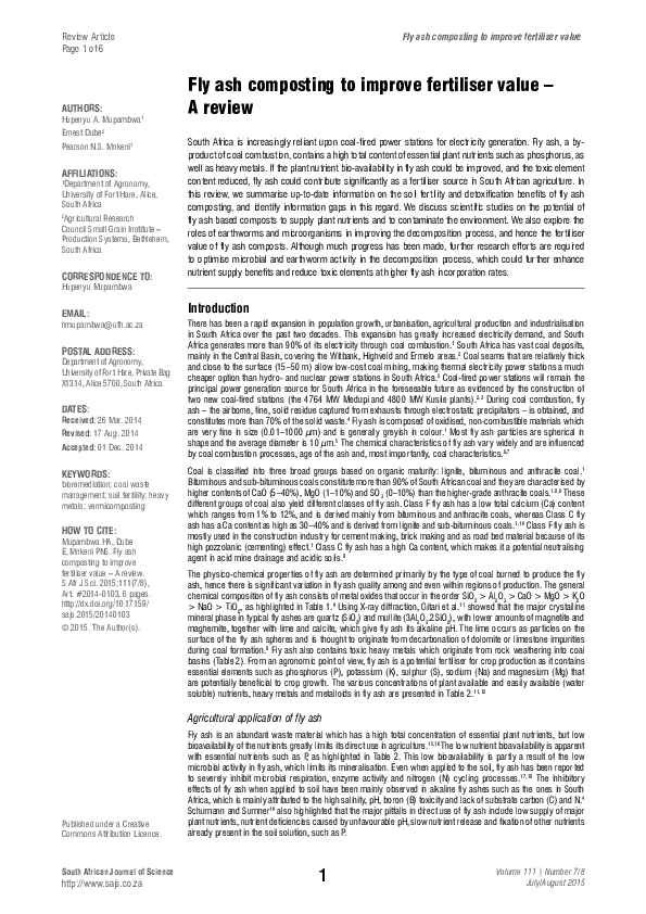 (PDF) Fly ash composting to improve fertiliser value A review