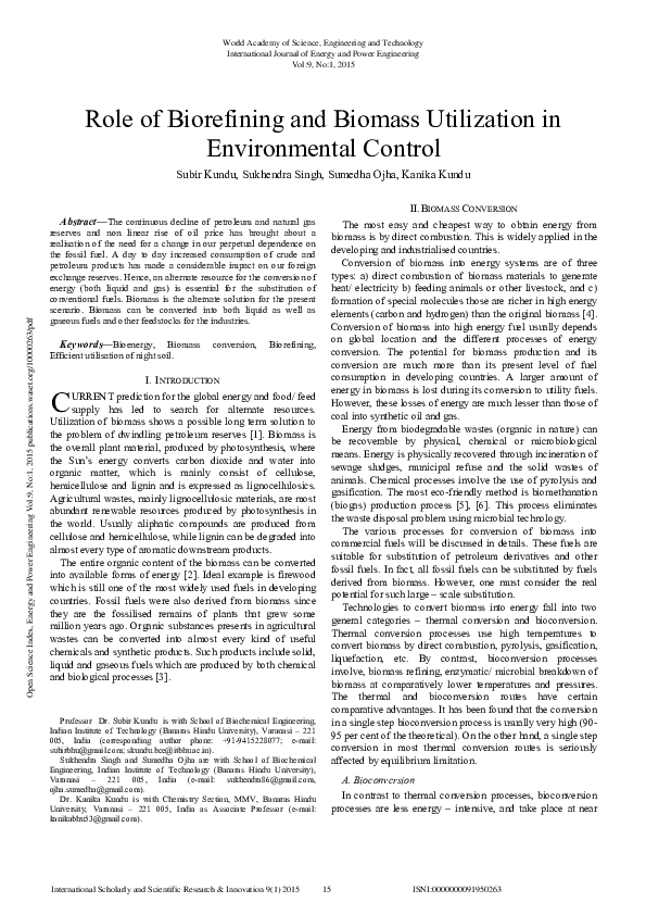 (PDF) Role Of Biorefining And Biomass Utilization In Environmental Control