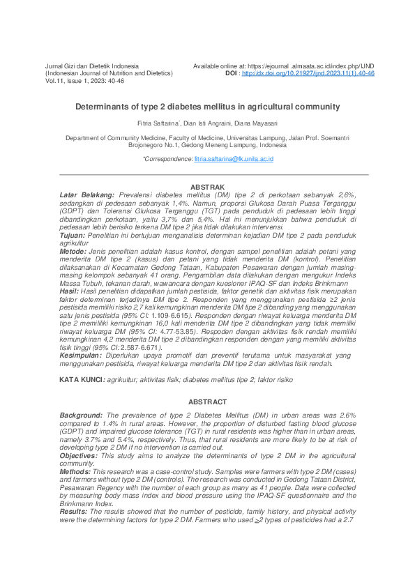 (PDF) Determinants of type 2 diabetes mellitus in agricultural community